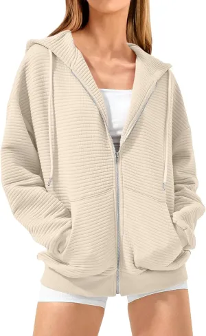 Womens Full Zip Up Hoodie Loose Fit Hooded Oversized Sweatshirt Casual Fall Long Sleeve Quilted Jackets with Pockets