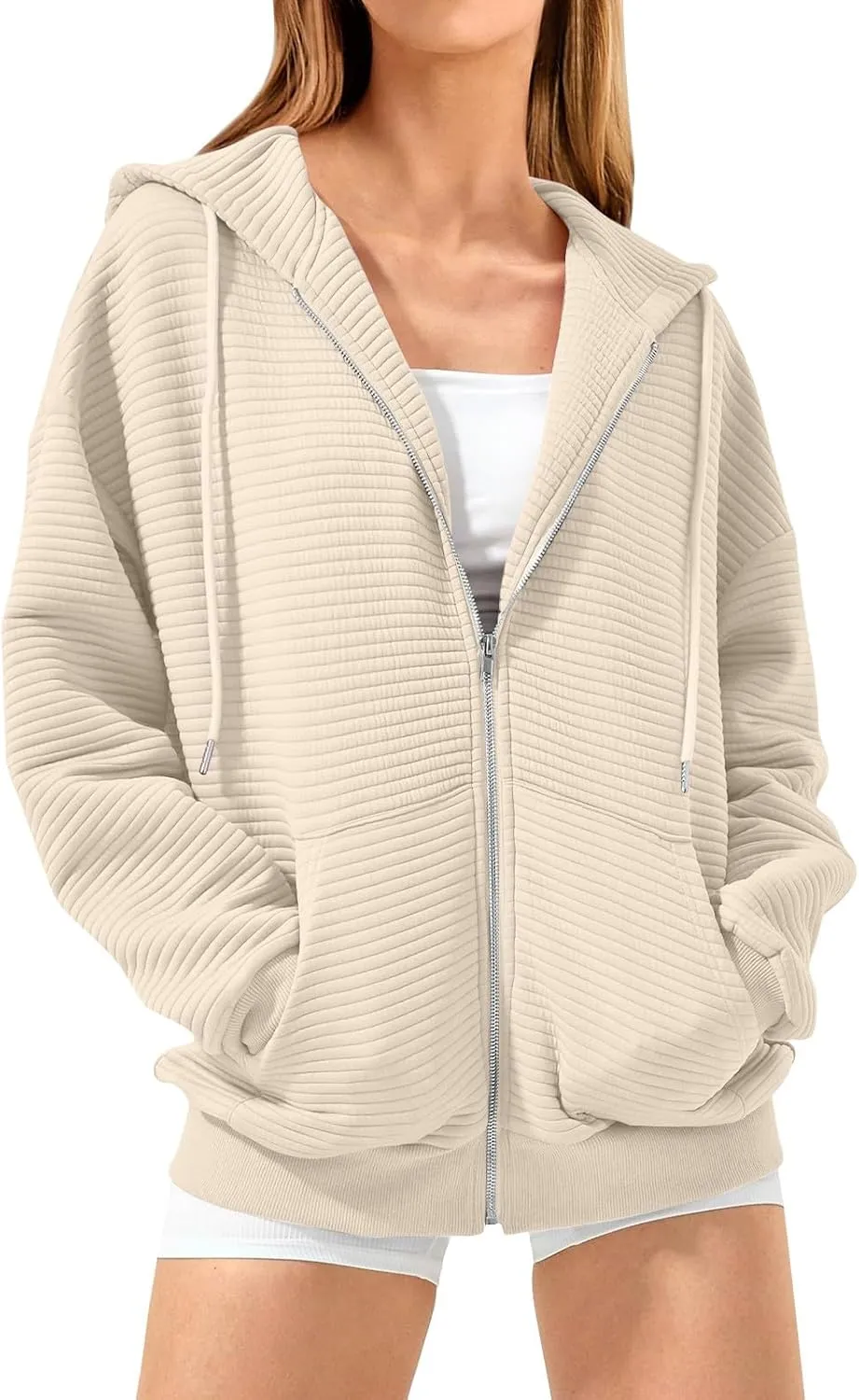 Womens Full Zip Up Hoodie Loose Fit Hooded Oversized Sweatshirt Casual Fall Long Sleeve Quilted Jackets with Pockets