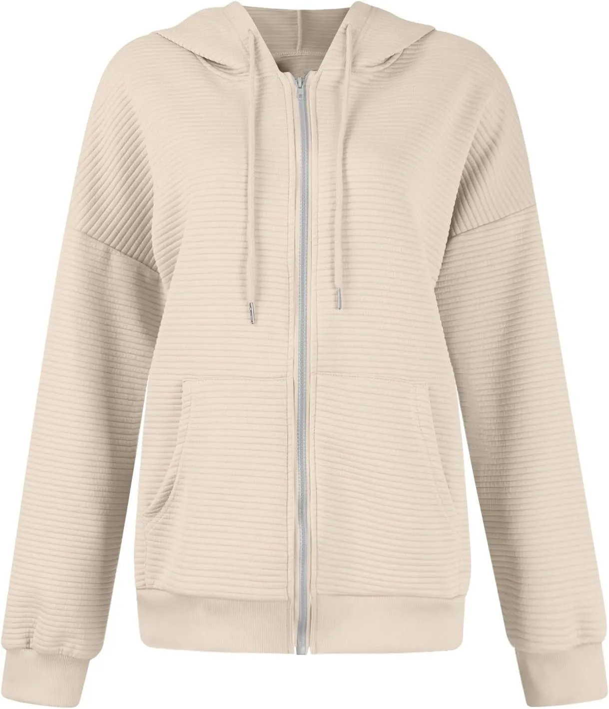 Womens Full Zip Up Hoodie Loose Fit Hooded Oversized Sweatshirt Casual Fall Long Sleeve Quilted Jackets with Pockets