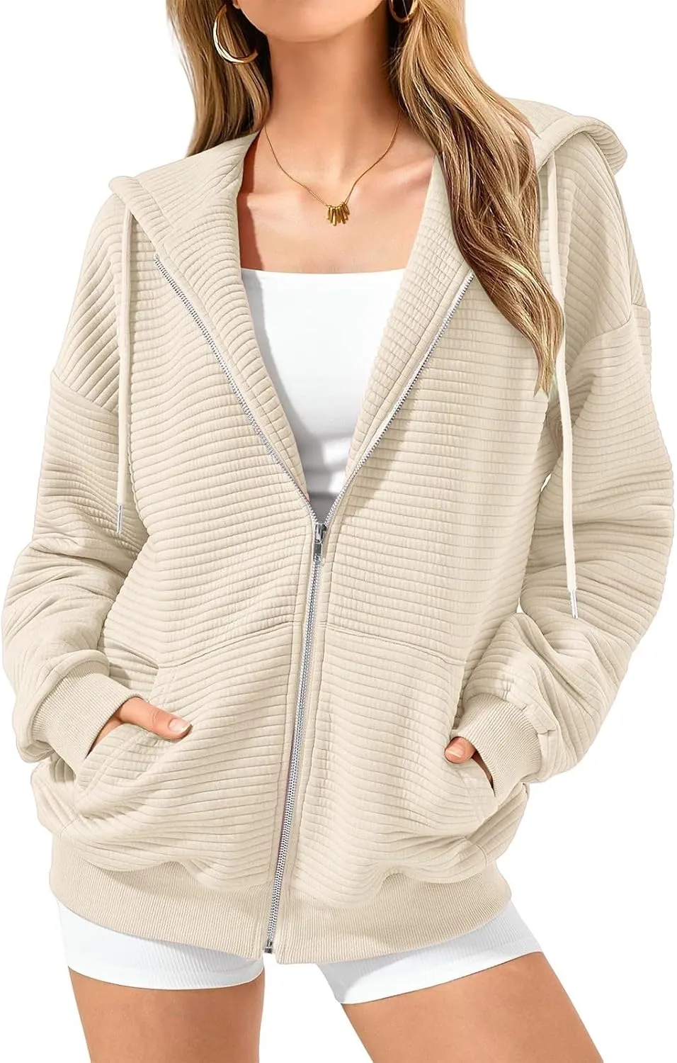 Womens Full Zip Up Hoodie Loose Fit Hooded Oversized Sweatshirt Casual Fall Long Sleeve Quilted Jackets with Pockets