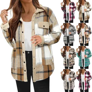 Women's Fuzzy Fleece Lined Jacket Flannel Sherpa Plaid Shacket Jackets Fall Winter Button Down Long Sleeve Coat