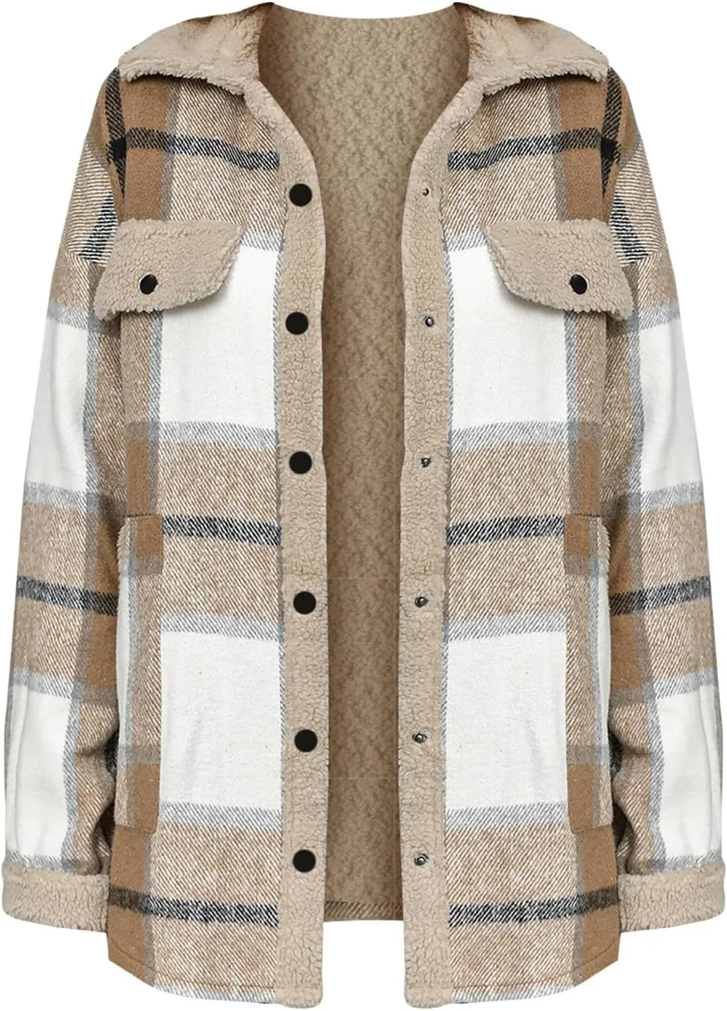 Women's Fuzzy Fleece Lined Jacket Flannel Sherpa Plaid Shacket Jackets Fall Winter Button Down Long Sleeve Coat