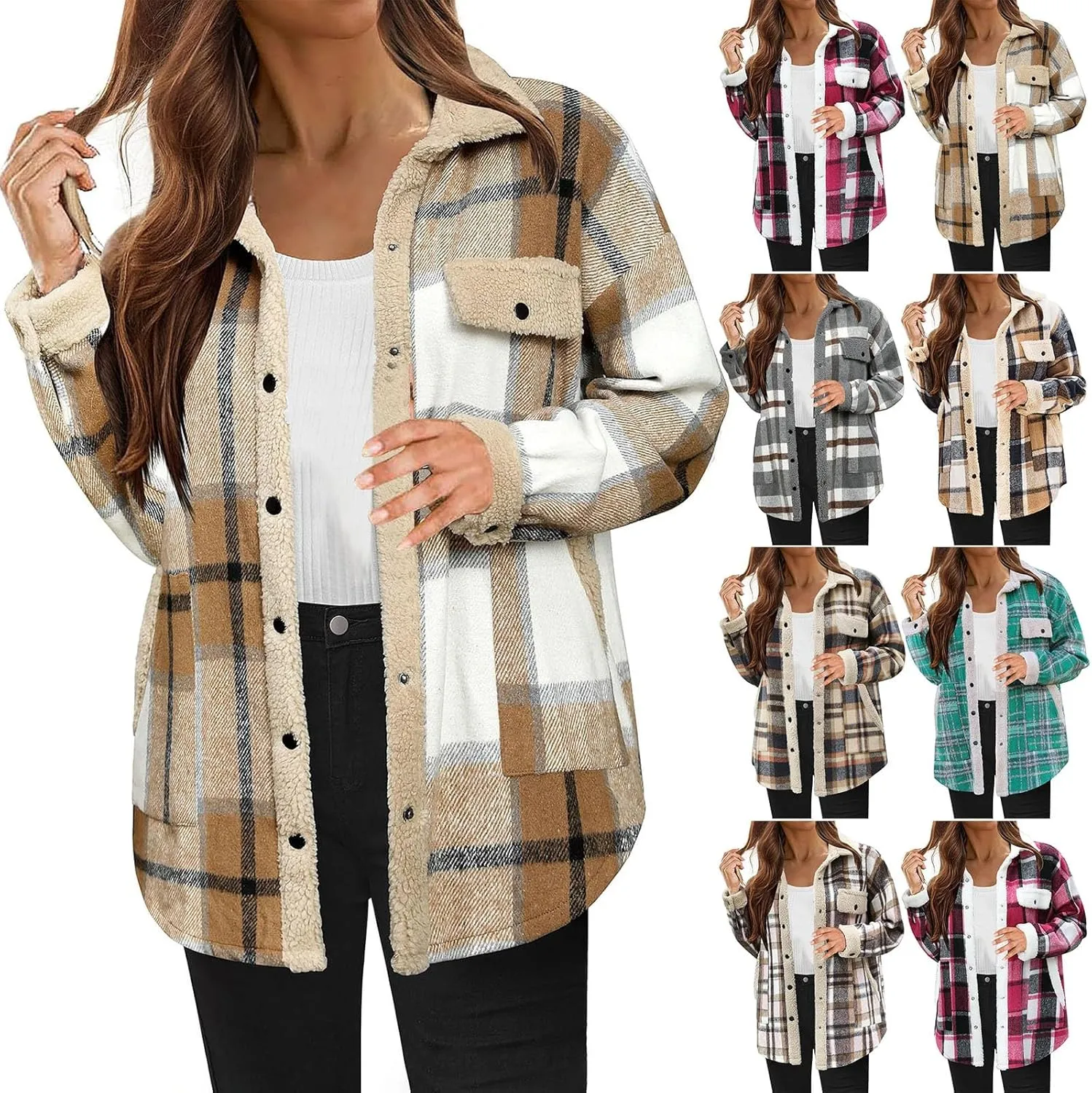 Women's Fuzzy Fleece Lined Jacket Flannel Sherpa Plaid Shacket Jackets Fall Winter Button Down Long Sleeve Coat