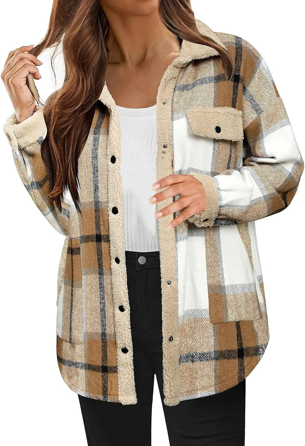 Women's Fuzzy Fleece Lined Jacket Flannel Sherpa Plaid Shacket Jackets Fall Winter Button Down Long Sleeve Coat