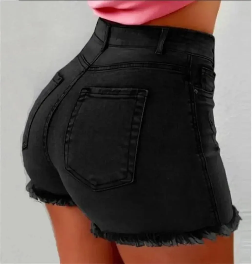 Women's High Waist Hot Pants Jeans Stretch Shorts Stretch Tassel Jeans