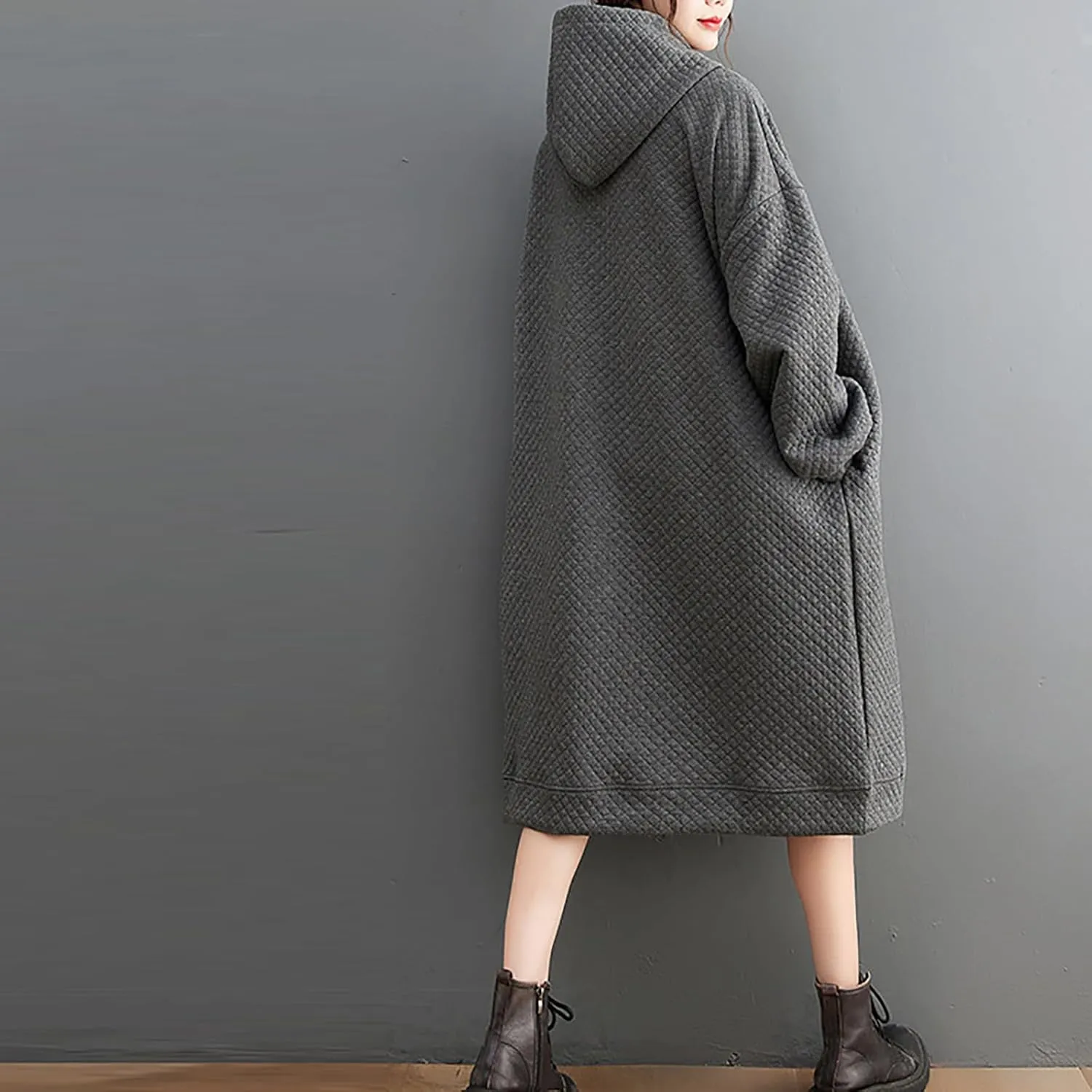 Women's Hooded Sweatshirt Dress Oversized Pullover Dresses Loose Fit Waffle Casual Hoodie Maxi Dress with Pockets