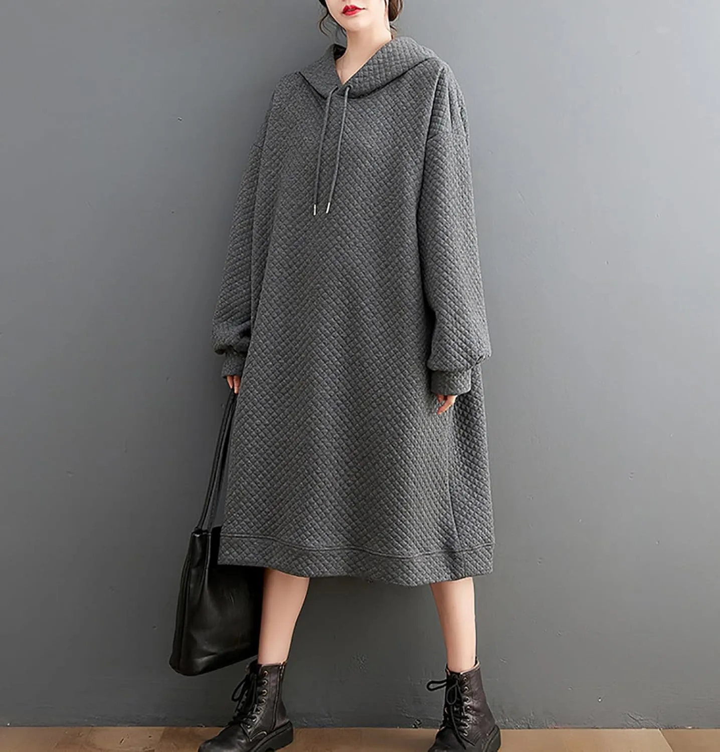 Women's Hooded Sweatshirt Dress Oversized Pullover Dresses Loose Fit Waffle Casual Hoodie Maxi Dress with Pockets