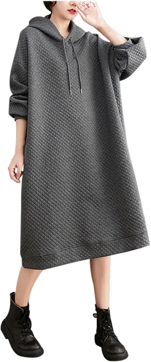 Women's Hooded Sweatshirt Dress Oversized Pullover Dresses Loose Fit Waffle Casual Hoodie Maxi Dress with Pockets