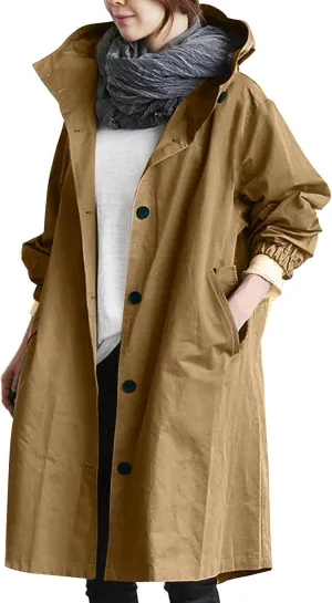 Women's Hooded Trenchcoats Anoraks Wind Breaker Long Rain Coat Waterproof Raincoats with Hood Plus Size Fall Jacket