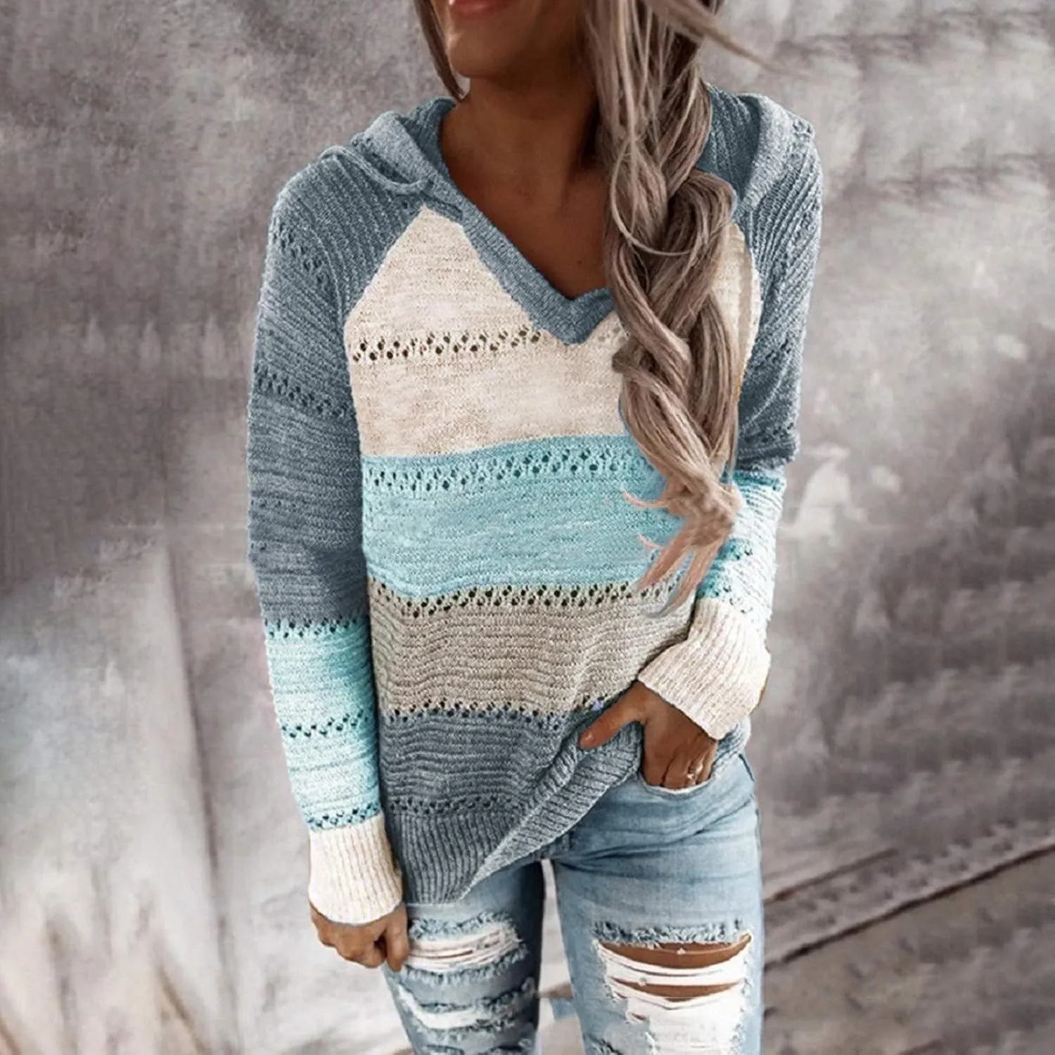 Womens Lightweight Color Block Hooded Sweaters Drawstring Hoodies Pullover Sweatshirts Long Sleeve Zip Up Hoodies