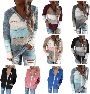 Womens Lightweight Color Block Hooded Sweaters Drawstring Hoodies Pullover Sweatshirts Long Sleeve Zip Up Hoodies
