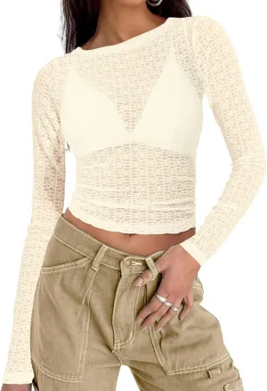 Women's Long Sleeve Crewneck Cut Out Back Lace T Shirts Sexy Mesh Slim Fit Y2k Going Out Crop Tops Streetwear