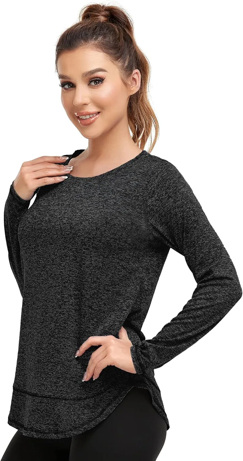 Women's Long Sleeve Workout Shirts Crewneck Sports Yoga Running Dry Fit Tops Side Split Tee