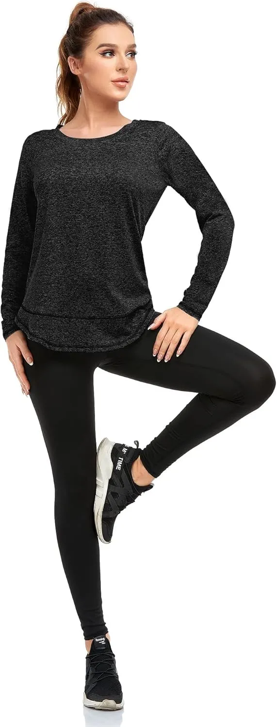 Women's Long Sleeve Workout Shirts Crewneck Sports Yoga Running Dry Fit Tops Side Split Tee