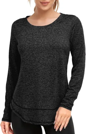 Women's Long Sleeve Workout Shirts Crewneck Sports Yoga Running Dry Fit Tops Side Split Tee