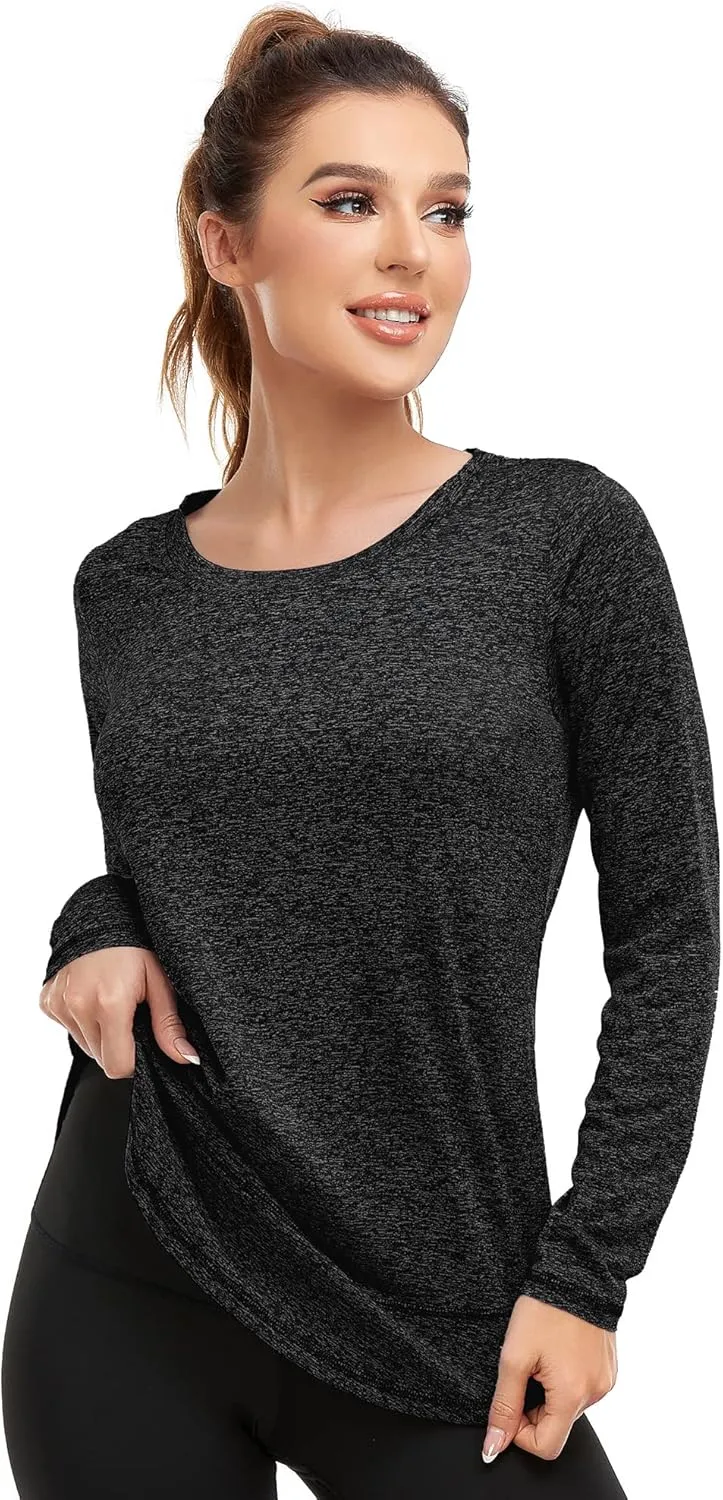 Women's Long Sleeve Workout Shirts Crewneck Sports Yoga Running Dry Fit Tops Side Split Tee