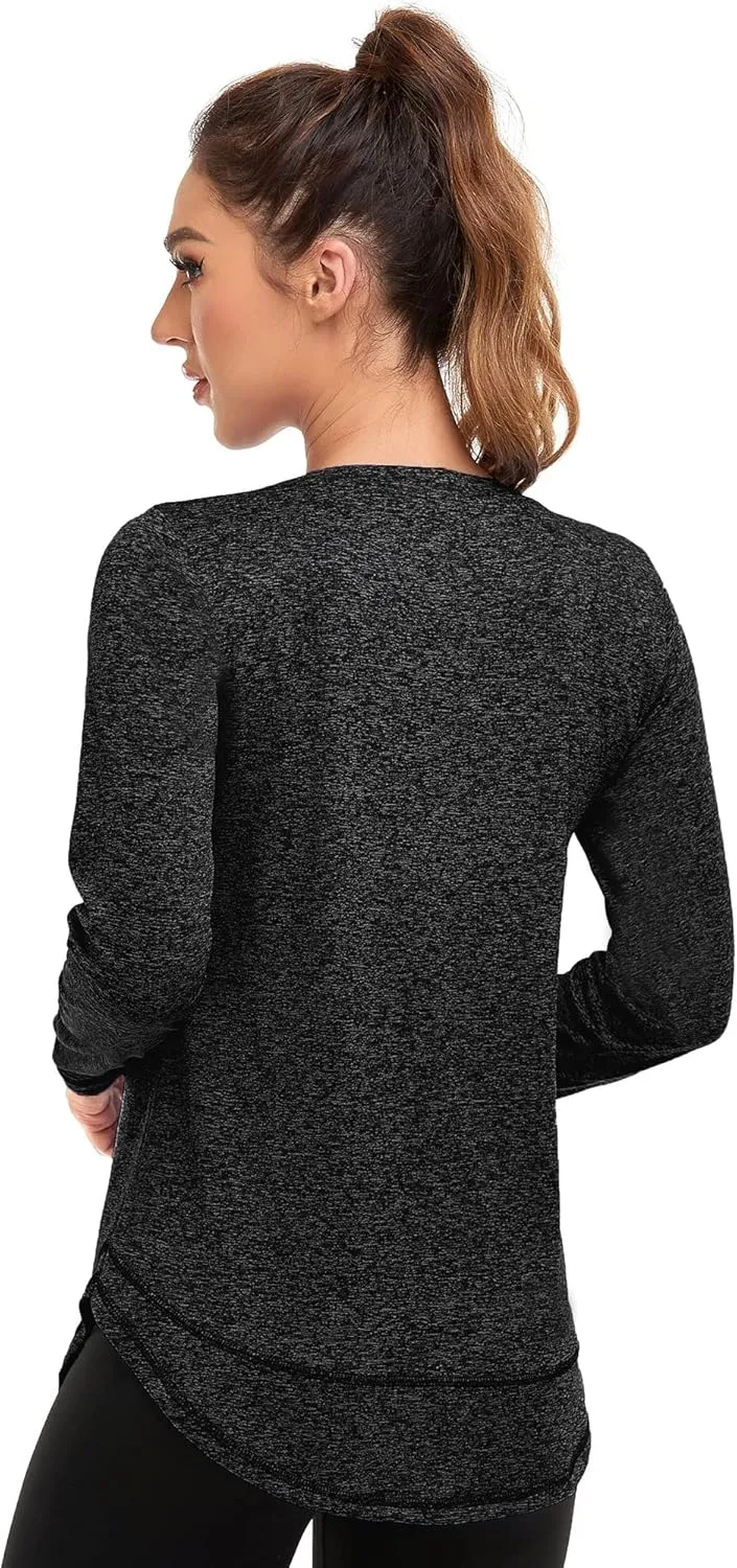 Women's Long Sleeve Workout Shirts Crewneck Sports Yoga Running Dry Fit Tops Side Split Tee