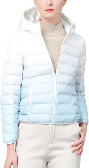 Womens Ombre Color Puffer Jacket with Hood Zipper Long Sleeve down Jackets Casual Lightweight Winter Warm Padded Coat