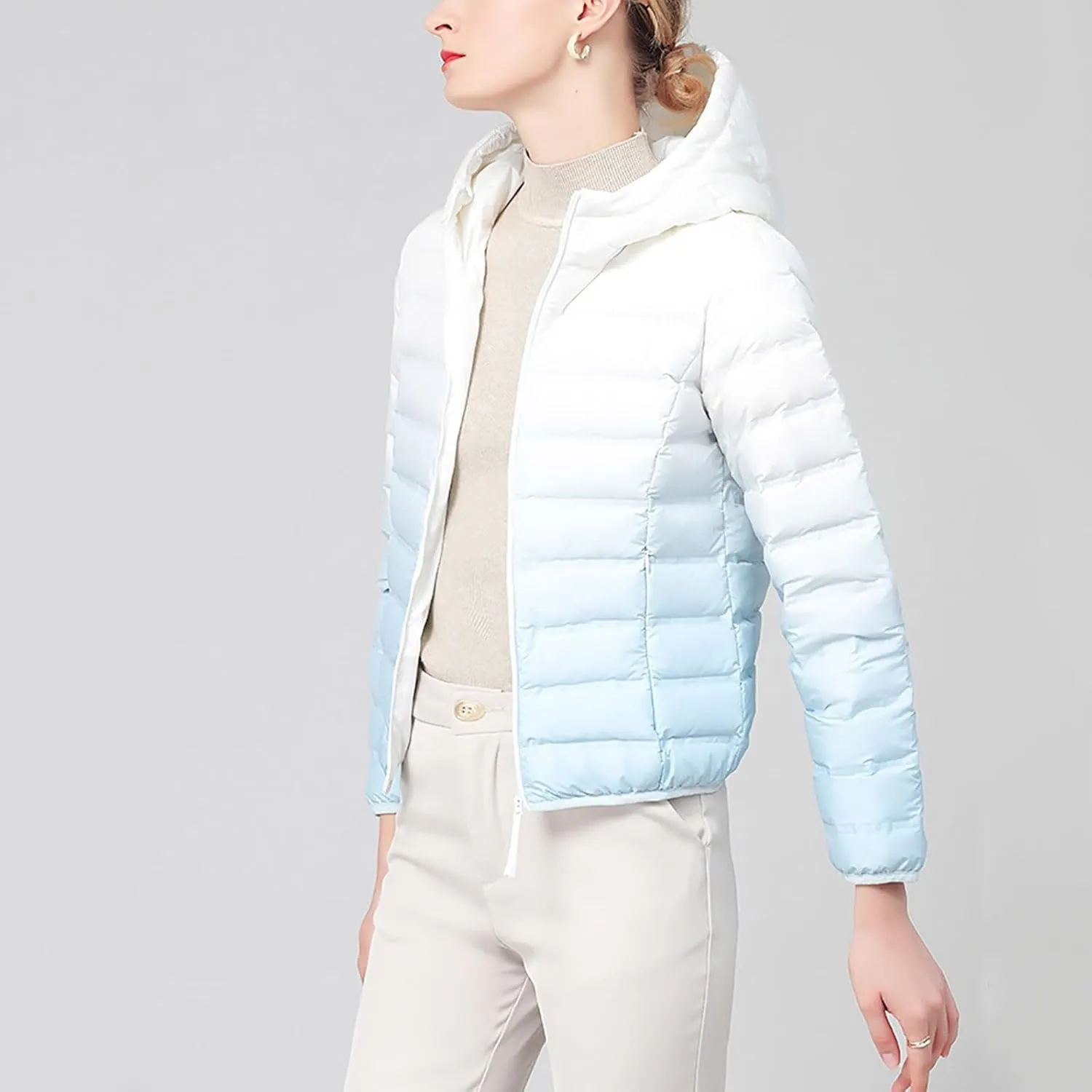 Womens Ombre Color Puffer Jacket with Hood Zipper Long Sleeve down Jackets Casual Lightweight Winter Warm Padded Coat