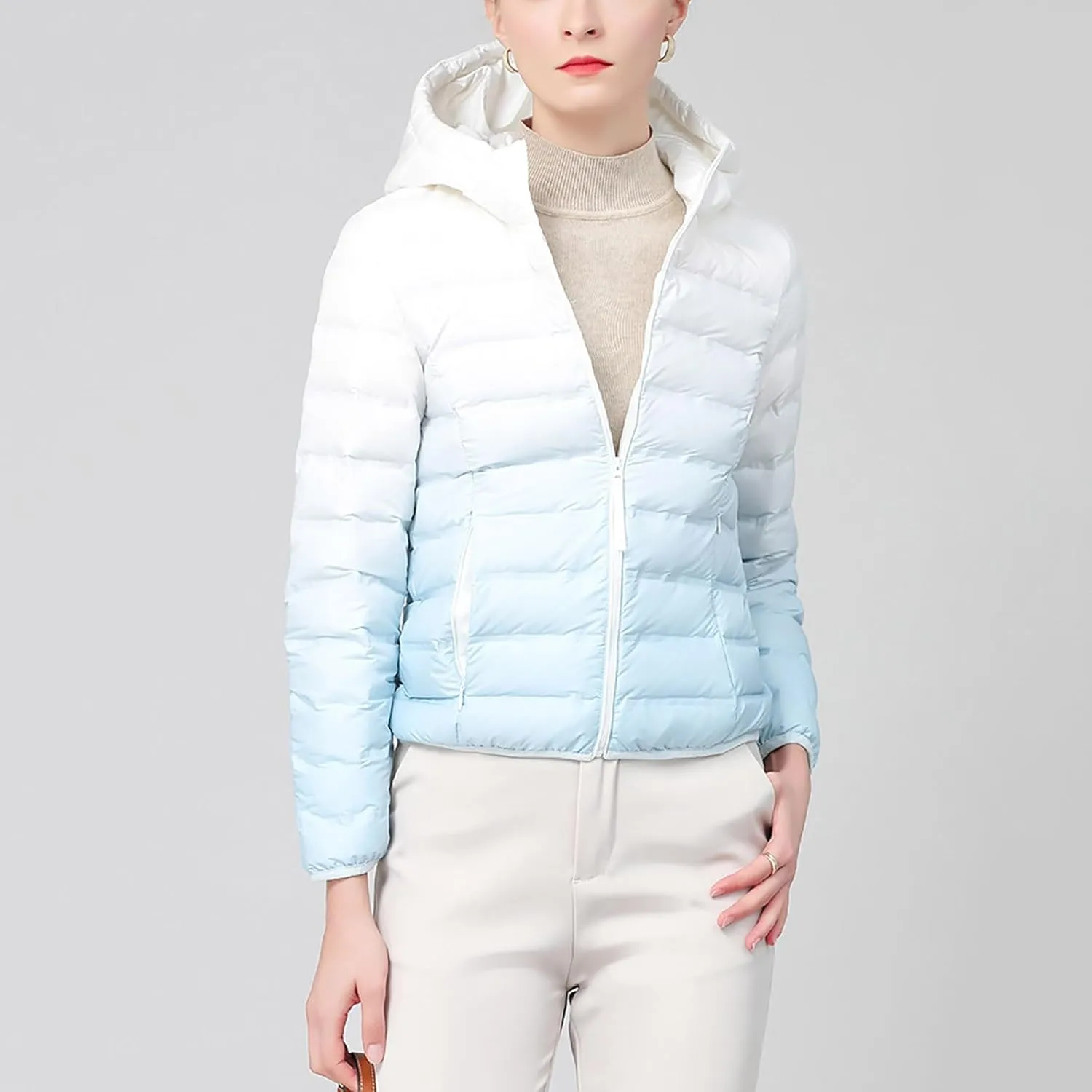 Womens Ombre Color Puffer Jacket with Hood Zipper Long Sleeve down Jackets Casual Lightweight Winter Warm Padded Coat