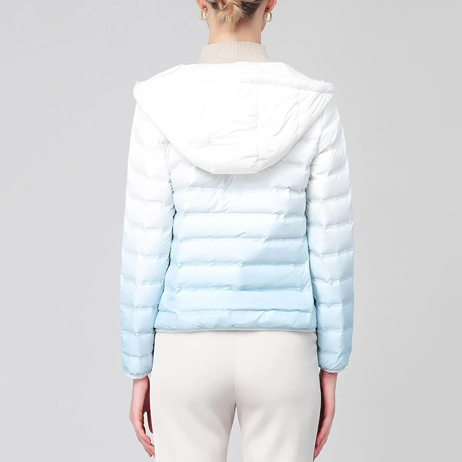 Womens Ombre Color Puffer Jacket with Hood Zipper Long Sleeve down Jackets Casual Lightweight Winter Warm Padded Coat