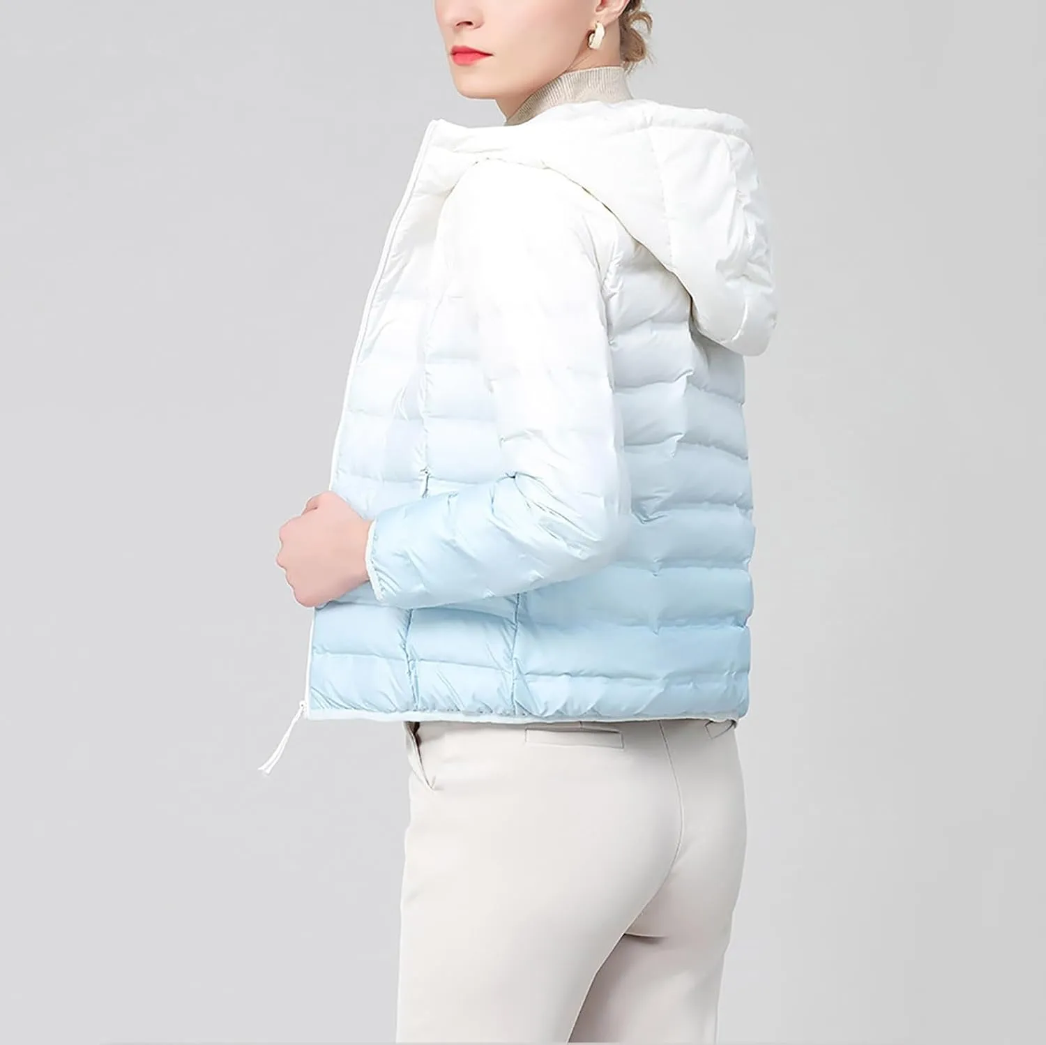 Womens Ombre Color Puffer Jacket with Hood Zipper Long Sleeve down Jackets Casual Lightweight Winter Warm Padded Coat