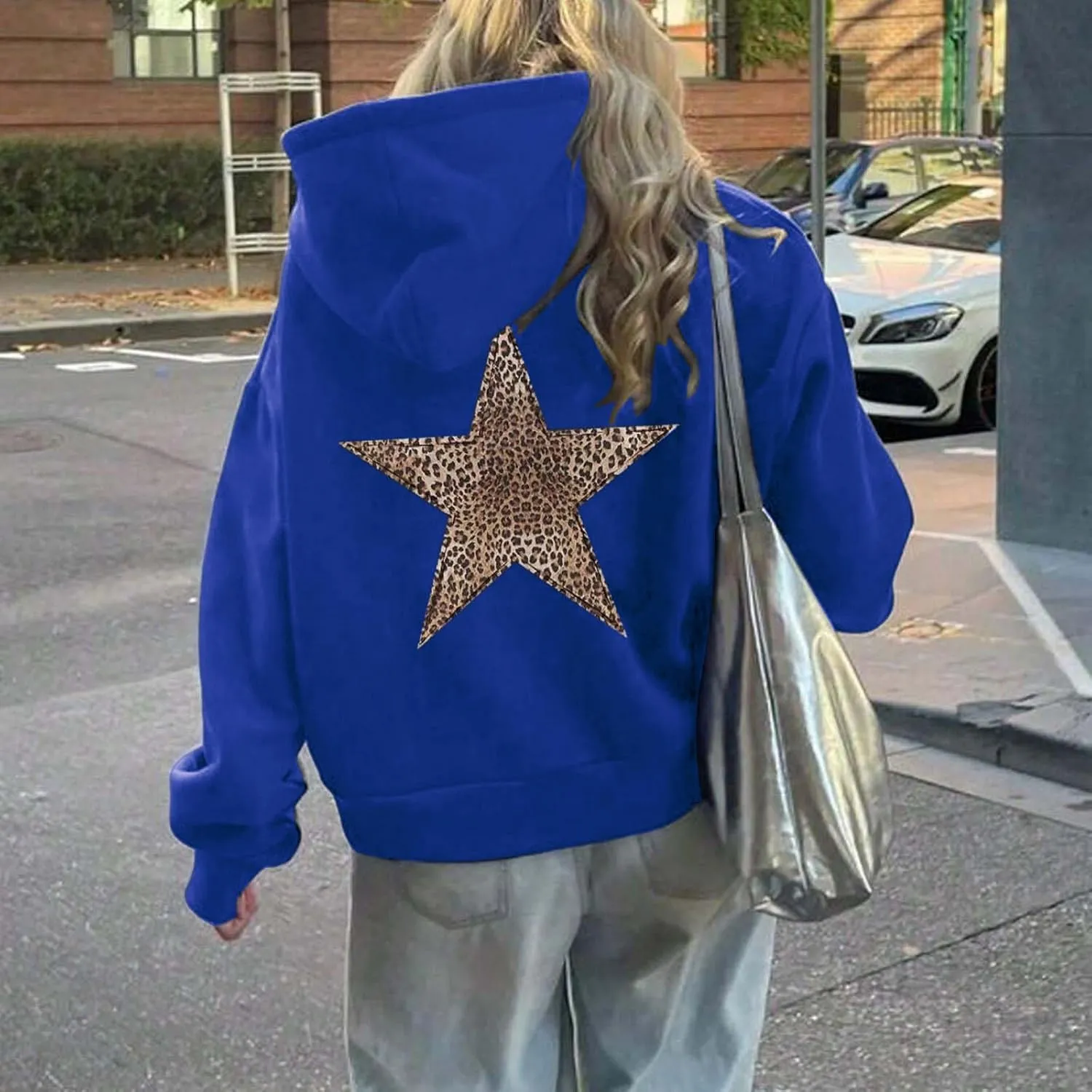 Womens Oversized Hoodies Distressed Star Graphic Sweatshirt Long Sleeve Hooded Shirt Aesthetic Pullover