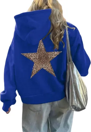 Womens Oversized Hoodies Distressed Star Graphic Sweatshirt Long Sleeve Hooded Shirt Aesthetic Pullover