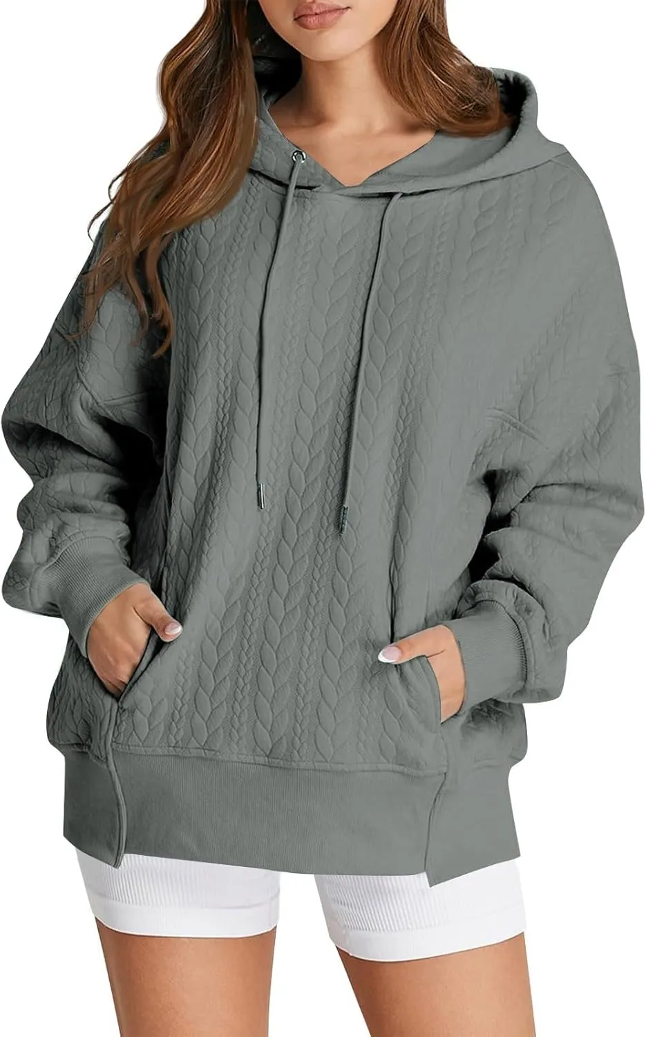 Women's Oversized Hoodies Fall Trendy Textured Long Sleeve Sweatshirt Y2k Casual Comfy Pullover Tops with Pockets