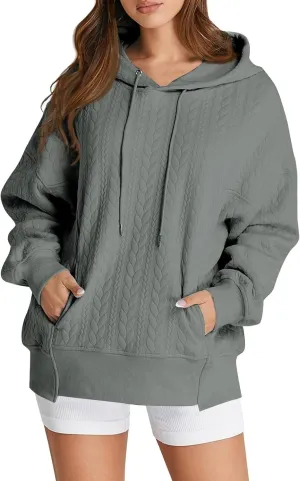 Women's Oversized Hoodies Fall Trendy Textured Long Sleeve Sweatshirt Y2k Casual Comfy Pullover Tops with Pockets
