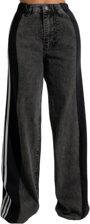 Women's Patchwork Wide Leg Jeans High Waist Baggy Stripes Jeans Stretchy Straight Denim Pants