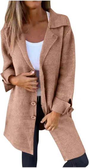 Womens Pea Coat 2024 Fall Winter Woolen Blend Button Down Trench Coat with Pockets Dressy Casual Lapel Trench Coats