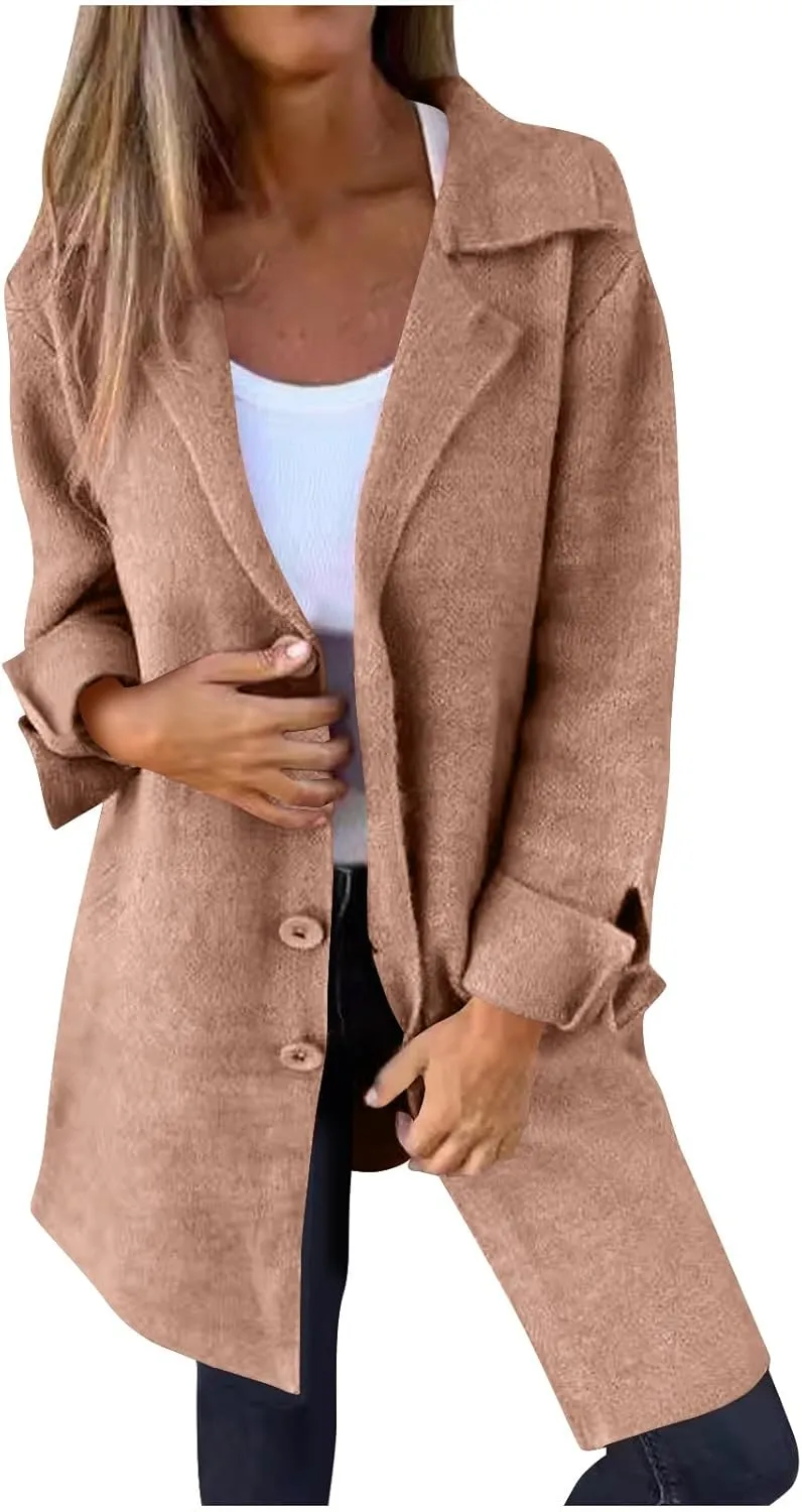 Womens Pea Coat 2024 Fall Winter Woolen Blend Button Down Trench Coat with Pockets Dressy Casual Lapel Trench Coats