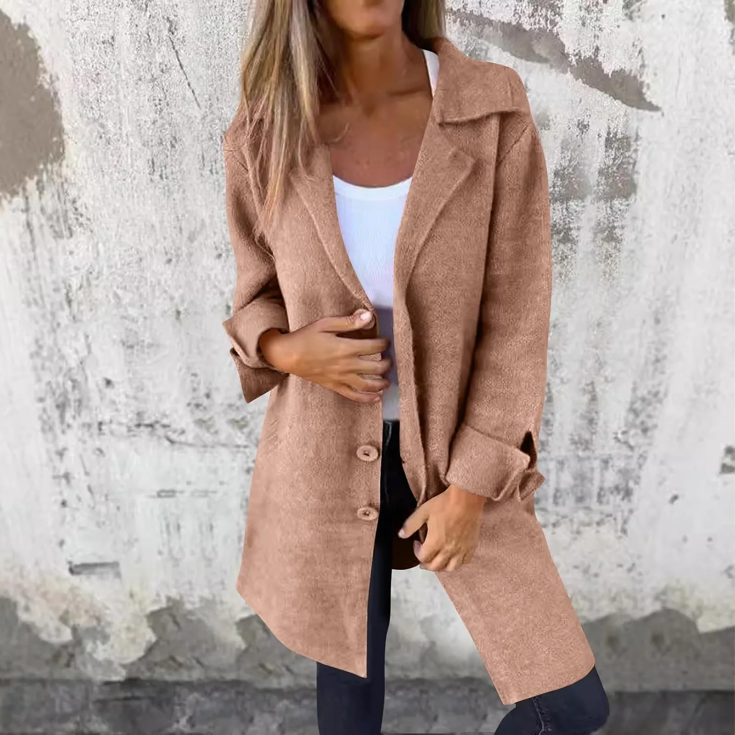 Womens Pea Coat 2024 Fall Winter Woolen Blend Button Down Trench Coat with Pockets Dressy Casual Lapel Trench Coats