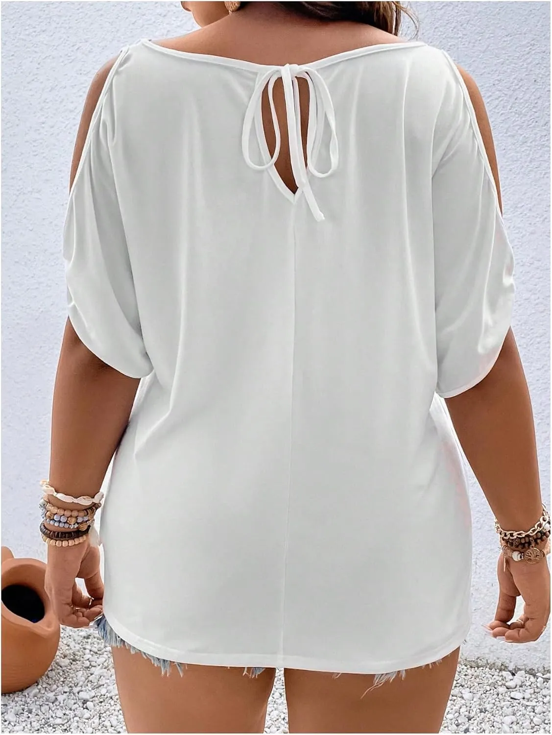 Women's Plus Size Cold Shoulder Cut Out Tee Half Sleeve Scoop Neck Loose T-Shirt