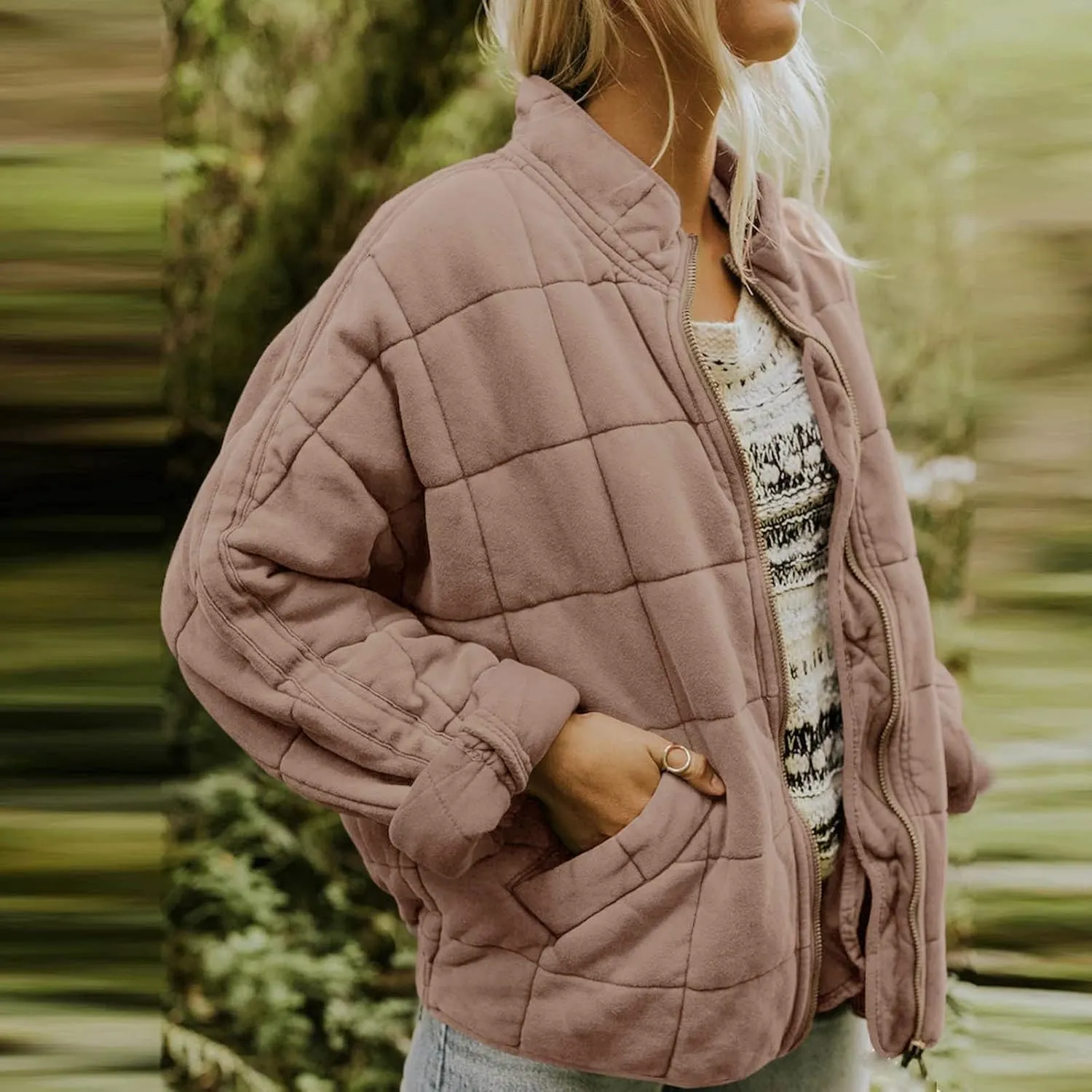Womens Quilted Puffer Jacket Lightweight Zip Up Oversized Winter Fall Outwear Casual Padded Down Coat with Pockets