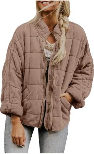 Womens Quilted Puffer Jacket Lightweight Zip Up Oversized Winter Fall Outwear Casual Padded Down Coat with Pockets
