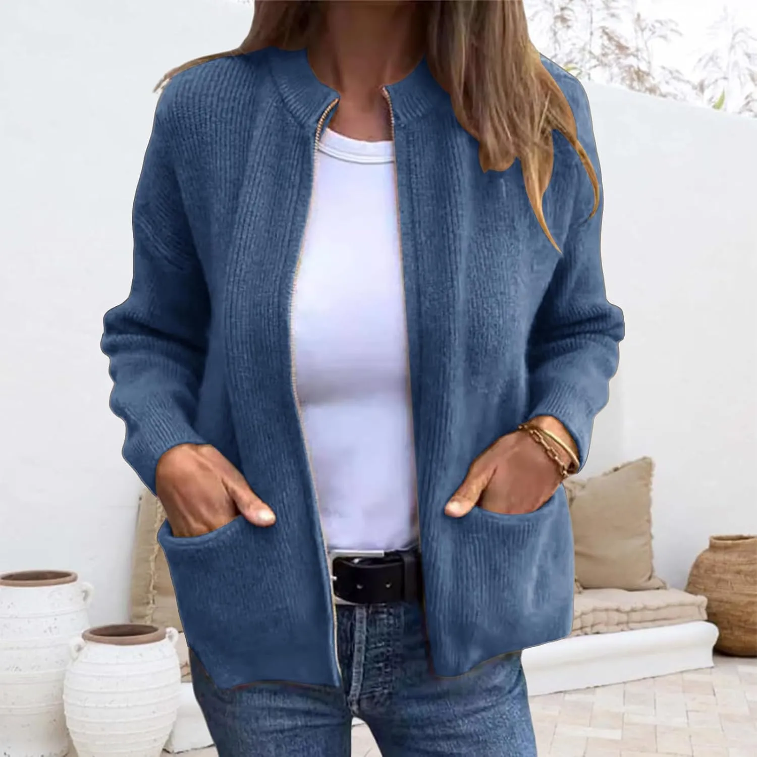 Women's Round Neck Zipper Knitted Jacket Zip Up Sweaters Long Sleeve Casual Loose Outwear with Pockets