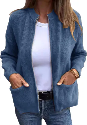 Women's Round Neck Zipper Knitted Jacket Zip Up Sweaters Long Sleeve Casual Loose Outwear with Pockets