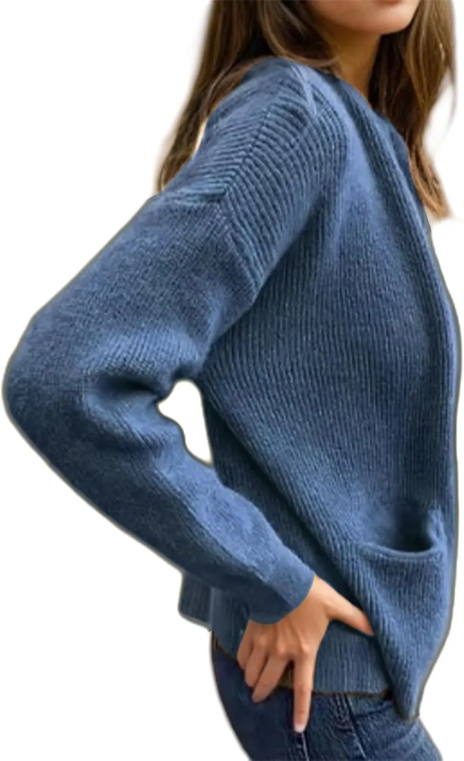 Women's Round Neck Zipper Knitted Jacket Zip Up Sweaters Long Sleeve Casual Loose Outwear with Pockets