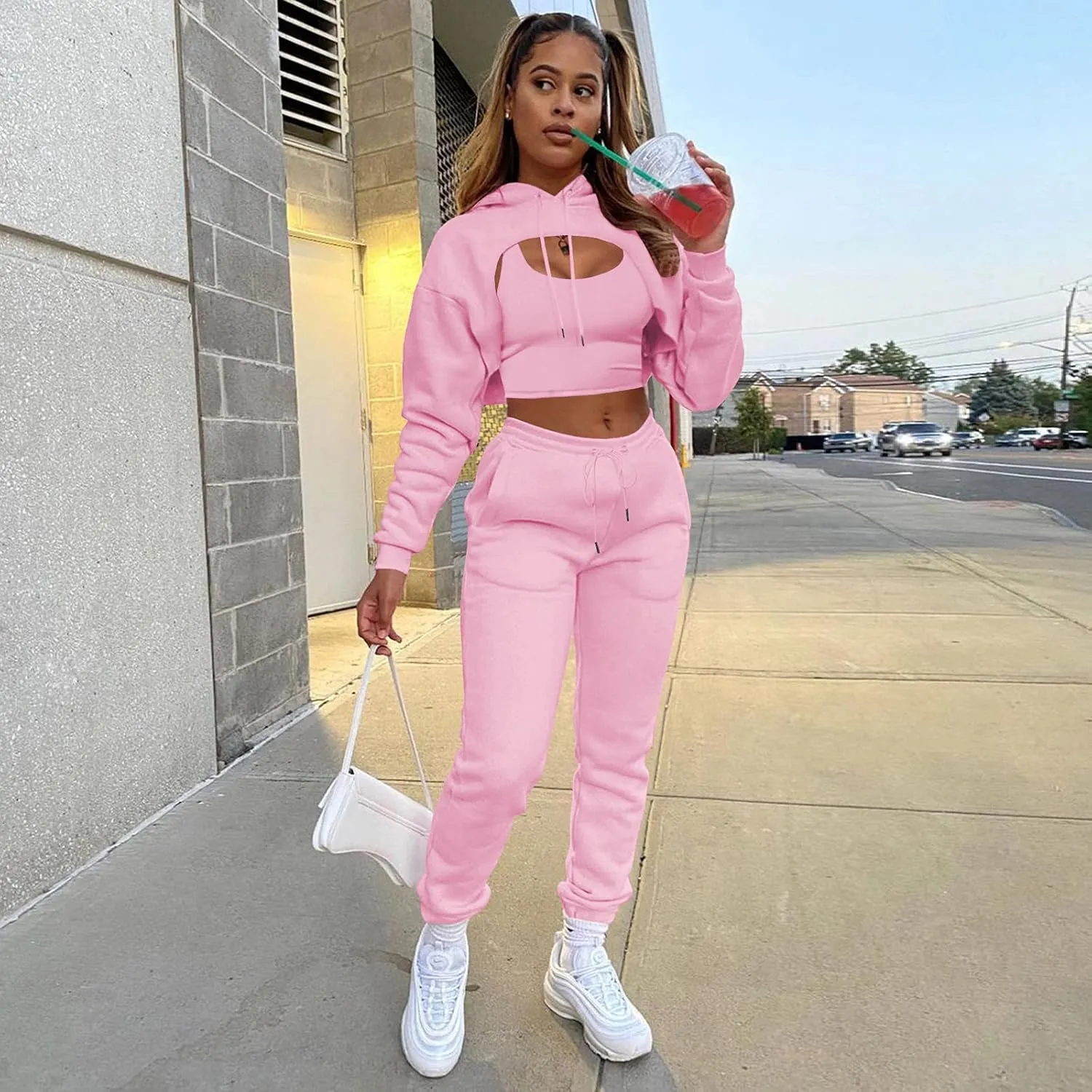 Women's Sexy 3 Piece Tracksuits - Long Sleeve Pullover Crop Top Hoodie  Tank Top Drawstring Long Pants Sweatsuit