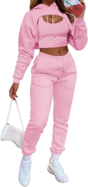 Women's Sexy 3 Piece Tracksuits - Long Sleeve Pullover Crop Top Hoodie  Tank Top Drawstring Long Pants Sweatsuit