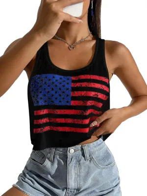 Women's Sexy American Flag Crop Tank 4th of July Patriotic Sleeveless Tee Tops