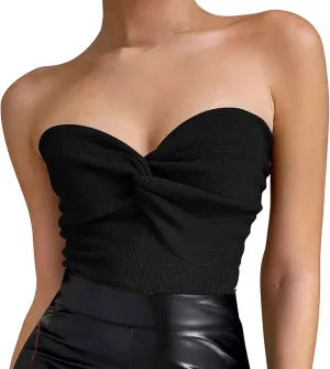 Women's Sexy Crop Tops Strapless Twisted Front Ribbed Knit Tube Top Sleeveless Sweetheart Neck Y2K Camisole Tank Top