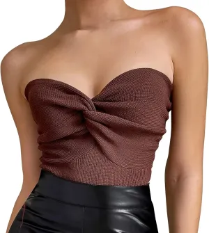 Women's Sexy Crop Tops Strapless Twisted Front Ribbed Knit Tube Top Sleeveless Sweetheart Neck Y2K Camisole Tank Top