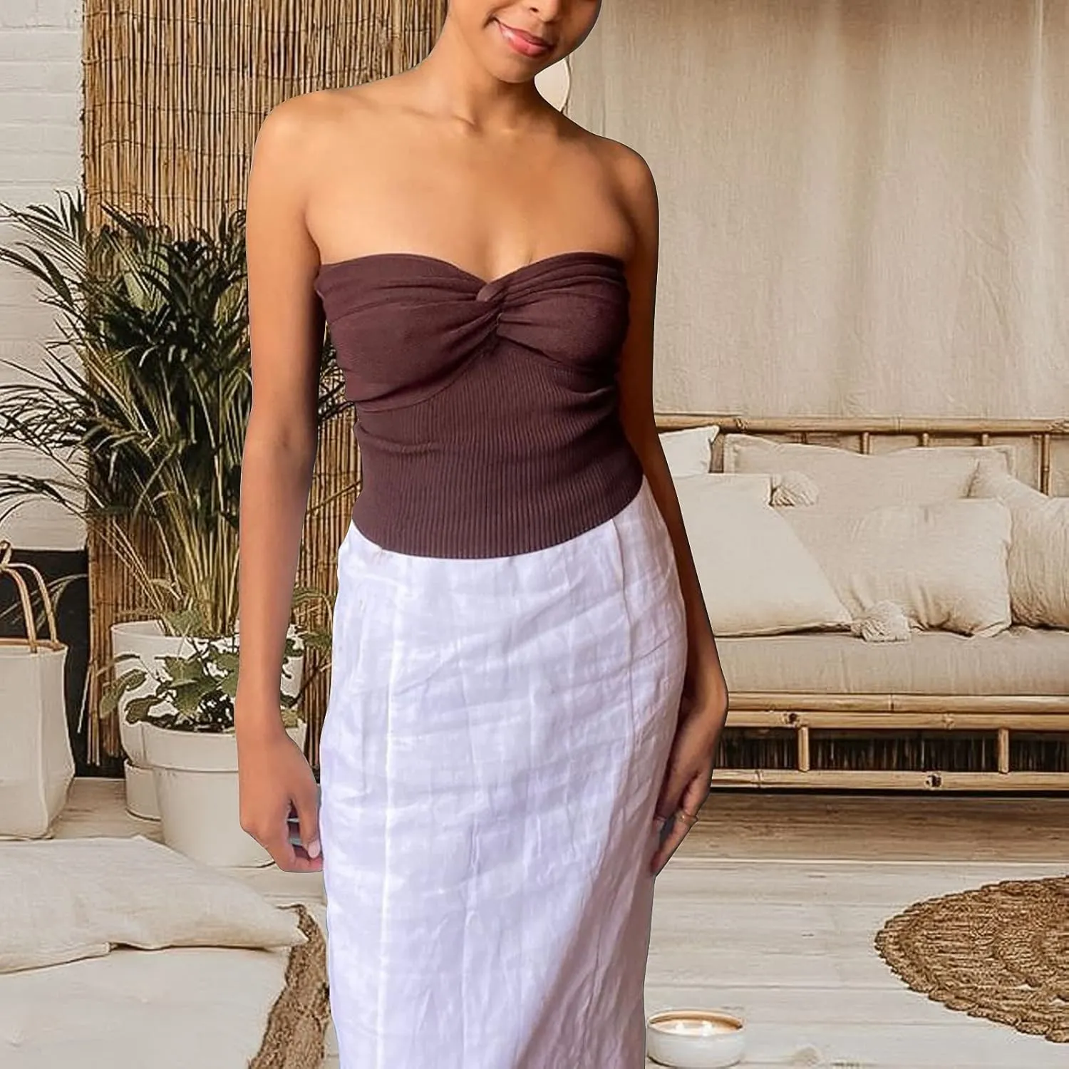 Women's Sexy Crop Tops Strapless Twisted Front Ribbed Knit Tube Top Sleeveless Sweetheart Neck Y2K Camisole Tank Top