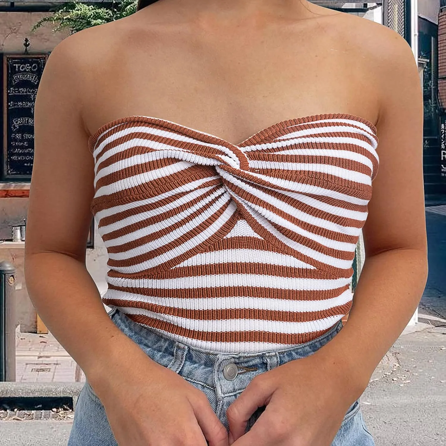Women's Sexy Crop Tops Strapless Twisted Front Ribbed Knit Tube Top Sleeveless Sweetheart Neck Y2K Camisole Tank Top