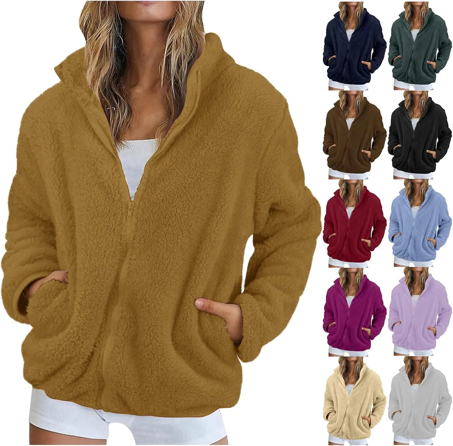 Womens Sherpa Jacket Winter Warm Fleece Zip Up Jacket Lightweight Long Sleeve Sweatshirts Casual Stand Collar Coats