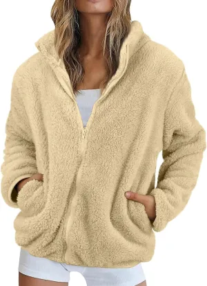 Womens Sherpa Jacket Winter Warm Fleece Zip Up Jacket Lightweight Long Sleeve Sweatshirts Casual Stand Collar Coats