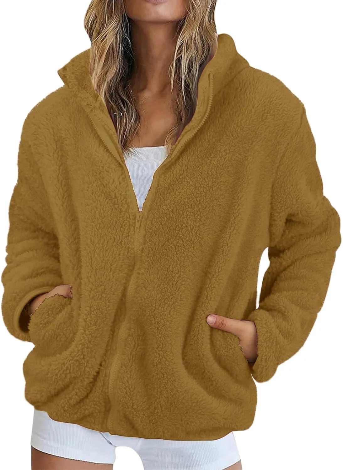 Womens Sherpa Jacket Winter Warm Fleece Zip Up Jacket Lightweight Long Sleeve Sweatshirts Casual Stand Collar Coats